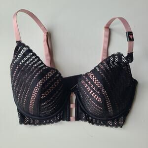Victoria Secret‎ Lined Plunge Rose/Black Lace Balconette Bra 32DD NEW